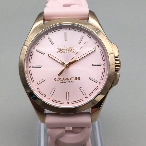 Coach Libby Watch Women 35mm Rose Gold Tone Pink Silicone Band New Battery - Picture 1 of 16